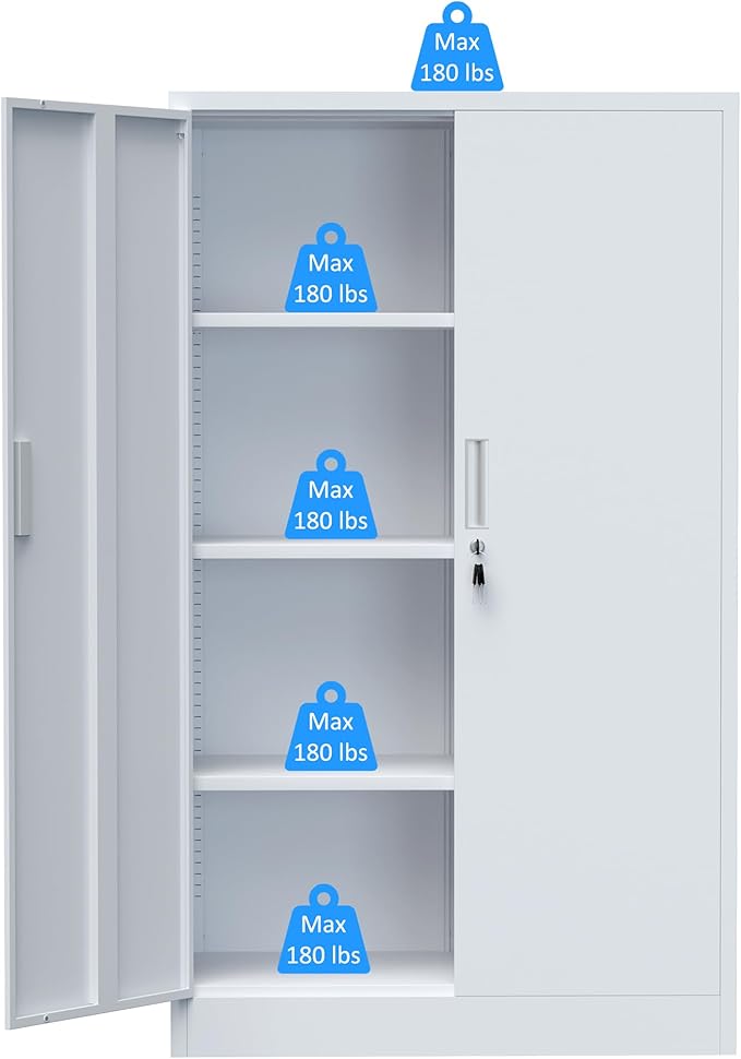 Metal Storage Cabinet with Locking Doors and Adjustable Shelves, 53.5-Inch Tall Lockable Storage Cabinets for Home Office Garage Kitchen Pantry (White)