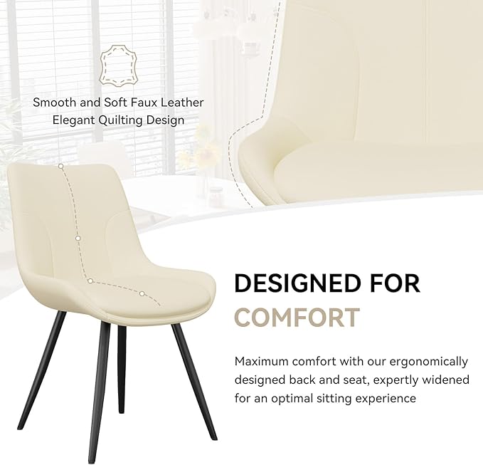 Upholstered Dining Chairs Set of 4, Modern Faux Leather Dining Room Chairs with Thick Cushion and Metal Legs, Kitchen Chairs with Back for Dining Room, Cream