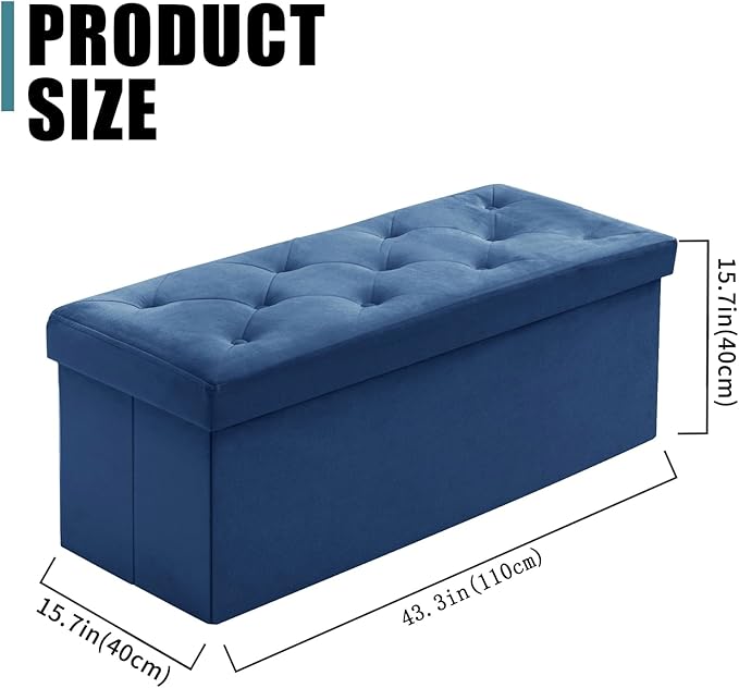 BRIAN & DANY 43 Inches Folding Storage Ottoman Bench, Velvet Ottoman with Storage for Living Room, Long Shoes Bench,Flannelette Footrest Benches Seat (Blue)