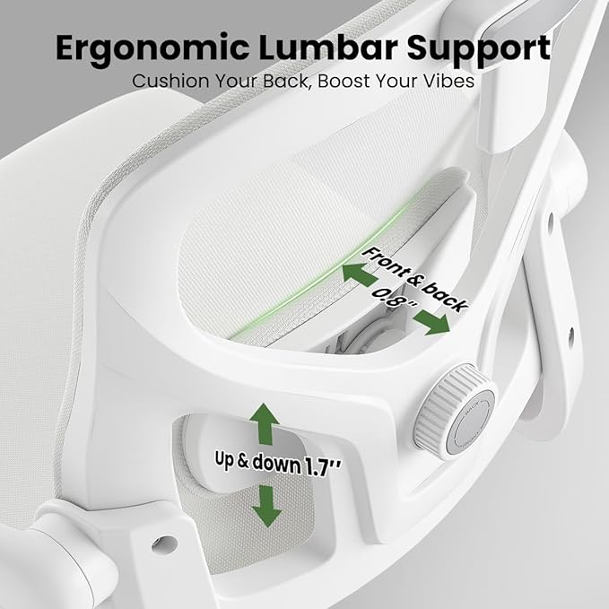 Soohow Office Chair, Ergonomic Office Mesh Desk Chair with Adjustable Back Support, High Back Comfy Computer Swivel Chair with Headrest, Lumbar Support for Study Room, Gaming and Office, White White