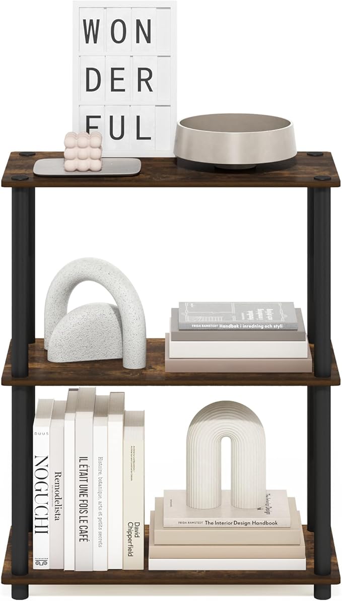 Furinno Turn-N-Tube Storage Shelves, 3-Tier Book Shelf, Corner Shelf, Toolless Open Shelves, for Organization and Storage, Living Room, Garage, Home Office, Amber Pine