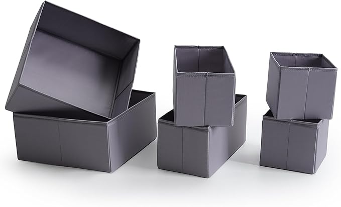 TYEERS Drawer Organizers, Durable Fabric, Washable, with Base Support Boards, Small Storage Boxes for Bathroom, Closet, Dresser, Set of 6, Dark Grey