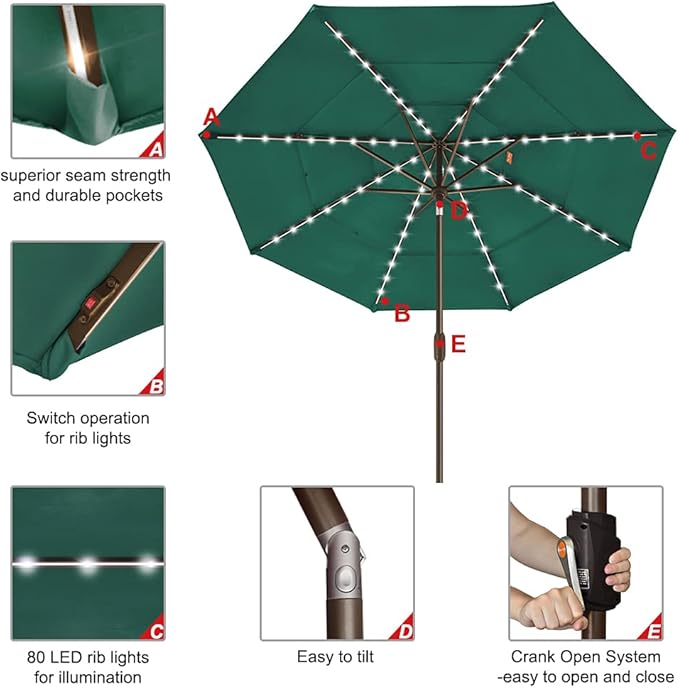 EliteShade USA 10-Year-Non-Fading Solar 9ft 3 Tiers Market Umbrella with 80 LED Lights Patio Umbrellas Outdoor Table with Ventilation,Forest Green