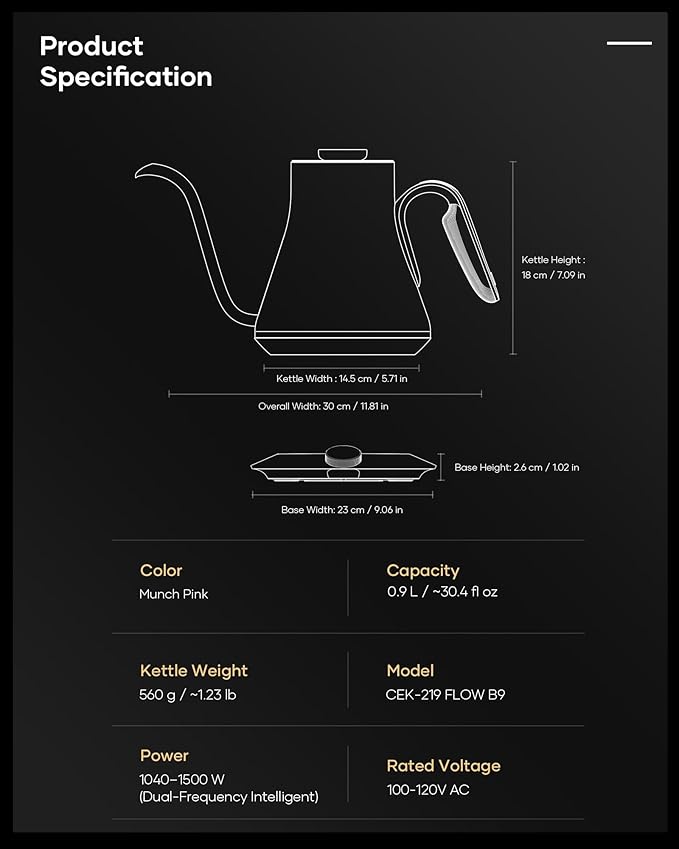 Cocinare FLOW B9 Gooseneck Electric Kettle, Precise Temperature Control for Pour-Over Coffee & Tea Brewing, Stainless Steel Interior, Rapid Heating for Boiling Water 0.9L (Munch Pink)