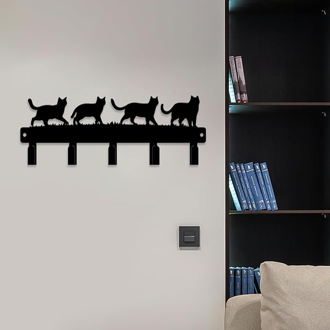 magilab Cat-Themed 10-Inch Iron Key Hooks with 5 Hooks, Black Wall Organizer - Cute Cat Design for Home Decor, No Drill & Screw-in Options (Style B)
