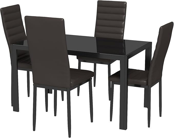 Gizoon 5 Piece Glass Dining Table Set, Kitchen and Chairs for 4, PU Leather Modern Room Sets for Home, Kitchen, Living Room