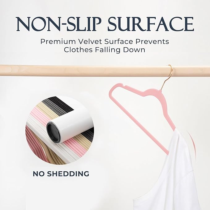 HOUSE DAY Lt Pink Velvet Hangers 240 Pack, Premium Non-Slip Clothes Felt Hangers, Sturdy Black Heavy Duty Coat Hanger, Durable Space Saving Suit Hanger, No Marks 360° Rose Gold Rotating Hook