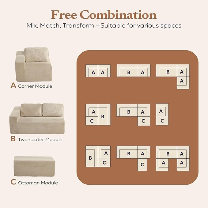 106" Cloud Sectional Couch, Left/Right Facing Convertible Sofa with Deep Seat, L-Shape Modular Upholstered Foam Couch for Living Room Bedroom, No Assembly Required (Corduroy Fabric, Beige)