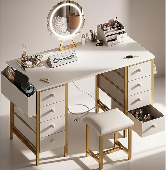 Large Vanity Desk with Mirror and Light- Makeup Vanity Set Table with Chair, Storage, Lighted Mirror, 8 Fabric Drawers & Power Outlet, Dressing Table Vanities for Girls Bedroom