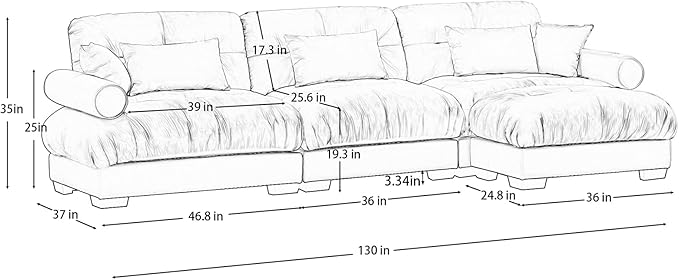 130" Grey Modular Sectional Sofa, 3 Seater Large Sectional Couches for Living Room, Velvet Fabric Oversized Fluffy Cloud Couch with Ottoman, Deep Seat Home Sofas Set, Sofá Moderno, L Shaped