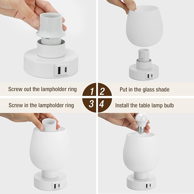 Touch Table Lamp for Nightstand Set of 2 - Bedside Lamp with USB C+A Charging Ports for Bedroom Living Room Night Stands, Desk Lamp with White Glass Shade for Small Spaces, 3 Way Dimmable
