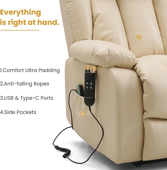 PARKOL Dual Motor Power Lift Recliner Chair for Elderly, 180-Degree Infinite Position Lay Flat Leather Recliner Chairs, with Massage and Heating, USB & Type-C Port and Remote (Beige, Medium)
