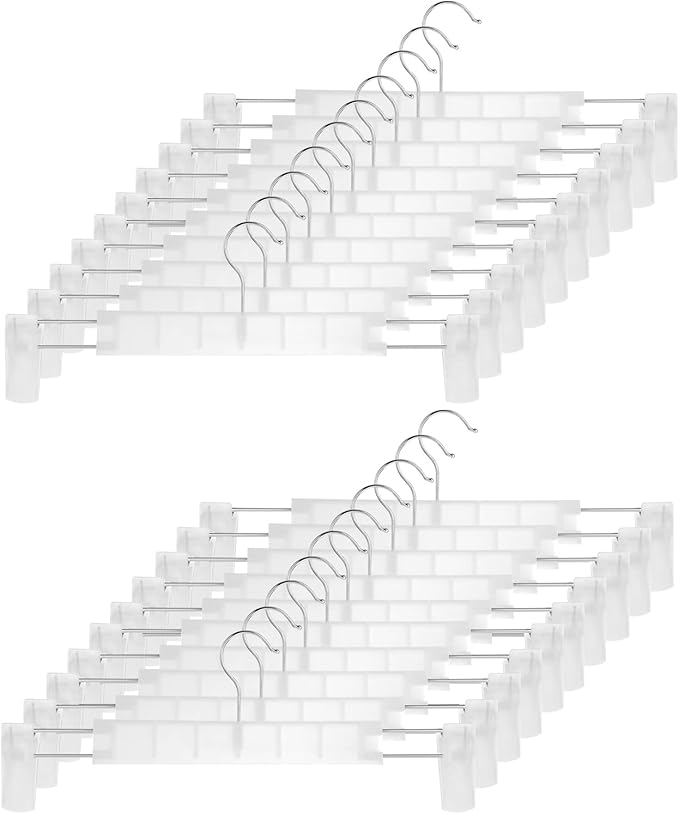 Clothes Pants Hangers, Space-Saving Skirt Holders with 360 ° Swivel Hooks, Adjustable Clips, Trouser Hangers, Clothes Coat Garment Jeans Hangers (20 Pack, Transparent)