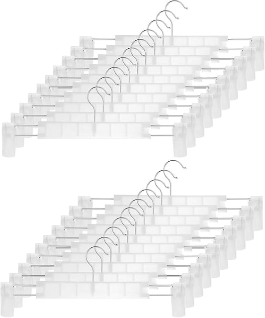 Clothes Pants Hangers, Space-Saving Skirt Holders with 360 ° Swivel Hooks, Adjustable Clips, Trouser Hangers, Clothes Coat Garment Jeans Hangers (20 Pack, Transparent)