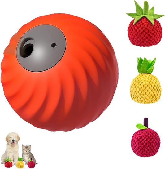 Smart Interactive and Treat Dispenser Auto Rolling Ball, Dual Modes,USB-C Rechargeable, Durable Pet Safe Design,for Small Or Medium Dogs and Cat (Orange Ball Plush Fruit Set)