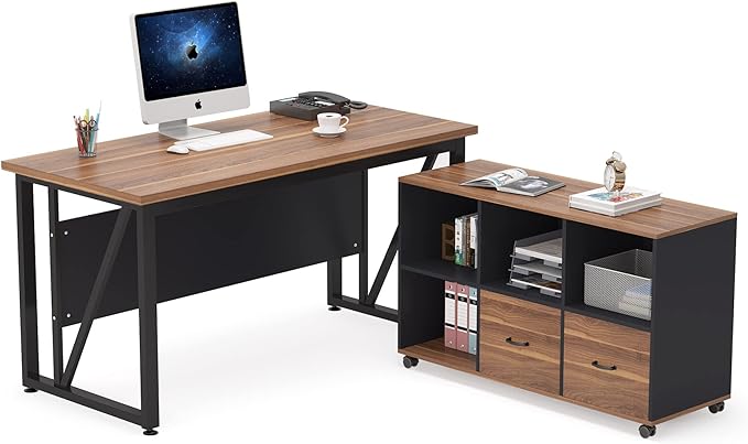 Tribesigns 55 inches Executive Desk and 43" lateral File Cabinet, L-Shaped Computer Desk Home Office Furniture with Drawers and Storage Shelves, Office Table with Cabinet