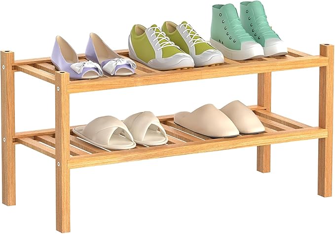 Bamboo Shoe Rack 2-Tier Organizer-Stackable Storage Shelf with Multi-Function Combinations-Free Standing Shoe Racks for Closet,Entryway,Hallway,Bathroom,Living Room Shoe Organization (Natural, 2-Tier)