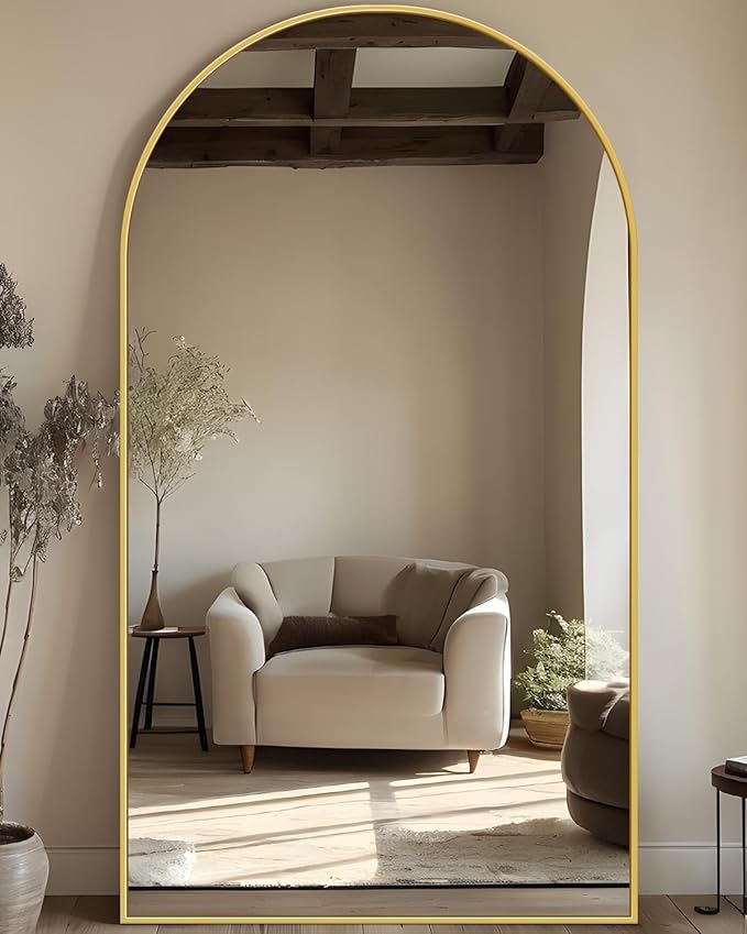 Full Length Mirror, 76"x44" Floor Mirror Freestanding, Oversized Floor Standing Full Body Mirror with Stand for Bedroom, Hanging Mounted for Living Room Cloakroom, Gold, Arched