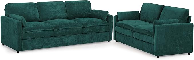 2 Pieces Chenille Sofa Set w/Arm Pillows, Upholstered Loveseat & 3 Seater Sofa w/Comfortable Back Cushions, Modern 2-Seat & 3-Seat w/High-Density Foam for Living Room, Apartment, Teal