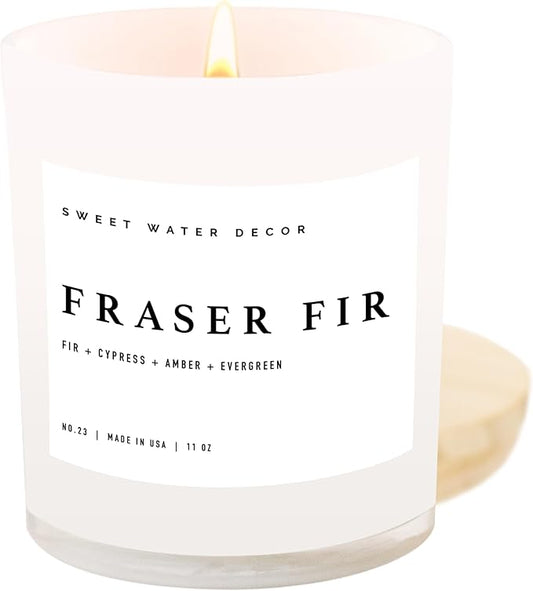 Sweet Water Decor Fraser Fir Candle - Evergreen, Fir, Cedar, and Cypress Winter Holiday Scented Soy Christmas Candles for Home - 11oz White Jar, 50+ Hour Burn Time, Made in The USA