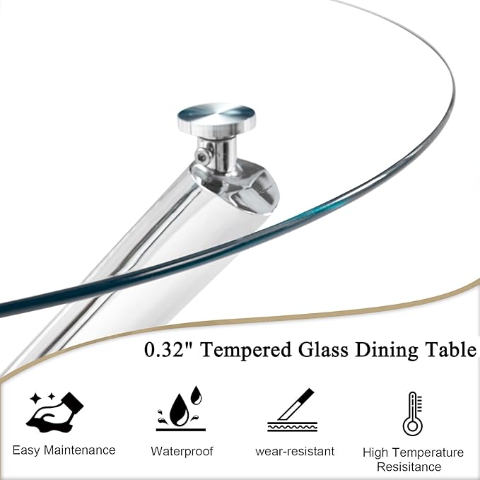 36" Round Dining Table for 4, Modern Clear Glass Kitchen Table for 4 with Silver Cross Metal Legs, Contemporary Small Circle Dining Room Leisure Tables for Kitchen Apartment