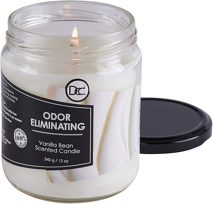 Vanilla Bean Odor Eliminating Highly Fragranced Candle - Eliminates 95% of Pet, Smoke, Food, and Other Smells Quickly - Up to 80 Hour Burn time - 12 Ounce Premium Soy Blend
