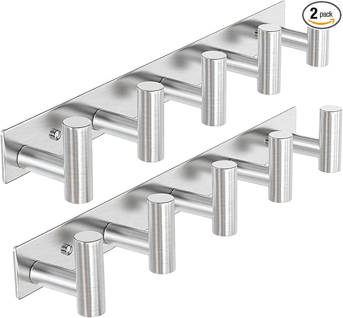 VAEHOLD Silvery Hat and Coat Wall Mount Rack - 5 Hooks for Robes, Bags, Keys, and Towels - Bathroom Towel Hanger Organizer (2 Pack)