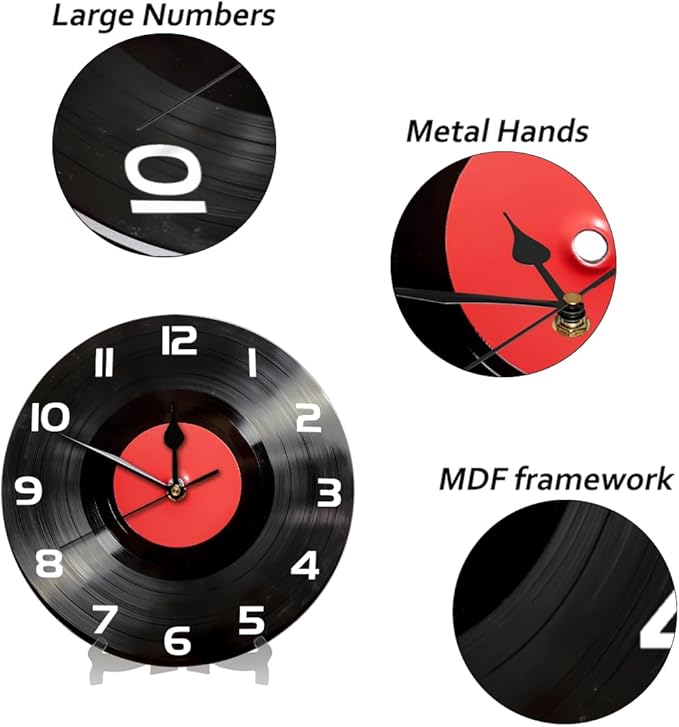 Vintage Vinyl Record CD Wall Clock Battery Operated 10 in Round Wall Clocks Slilent Non Ticking Quartz Analog Clock for Bedroom Kids Living Room Classroom Decor