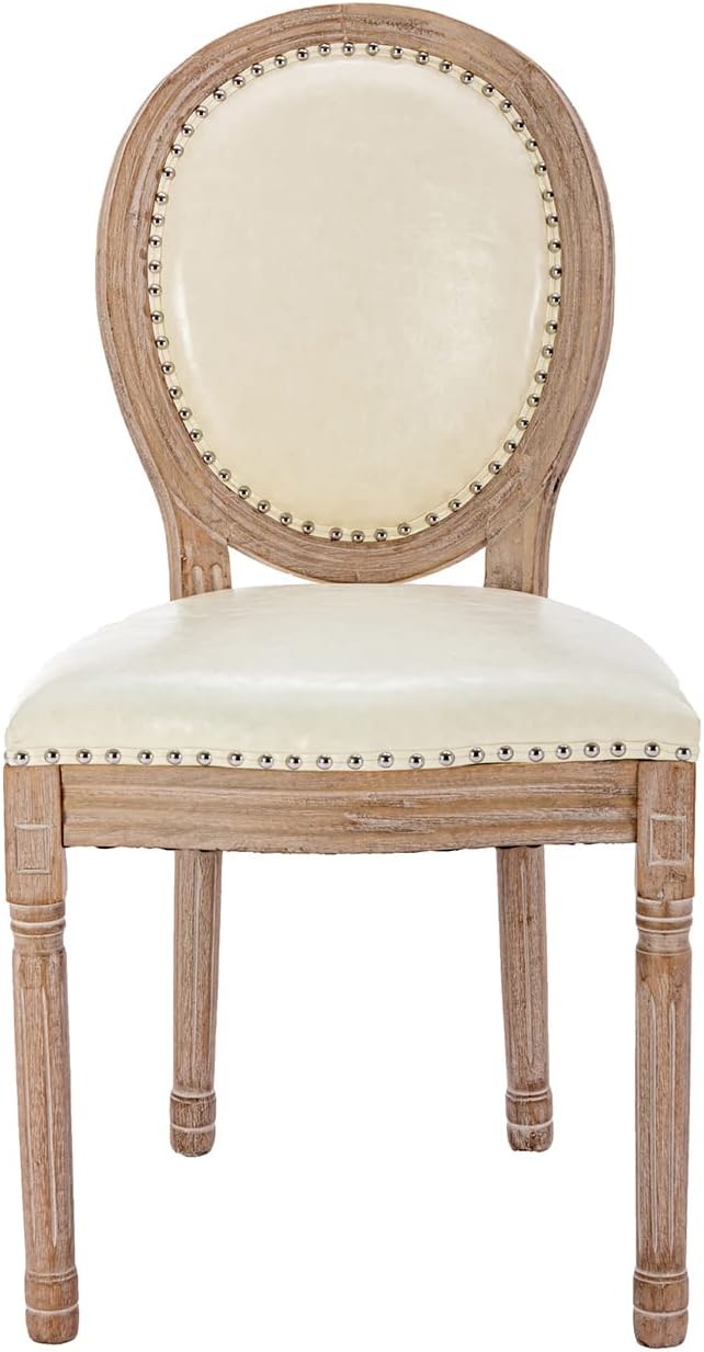Nrizc French Country Dining Chairs Set of 2, Leather Farmhouse Dining Room Chairs with Round Back, Solid Wood Legs, Oval Side Chairs for Kitchen/Bedroom/Dining Room