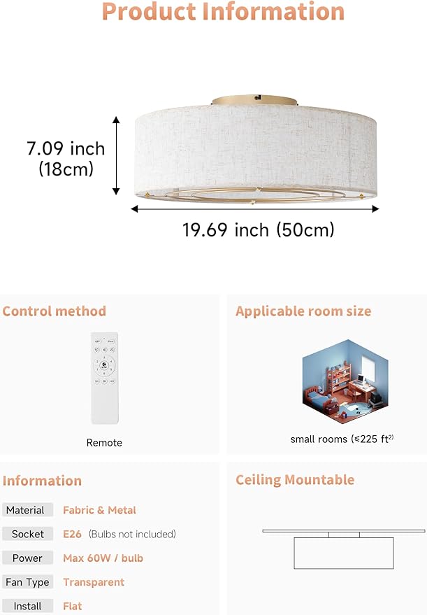 Ceiling Fans with Lights, 20" Boho Ceiling Fan with Light Flush Mount, Drum Rattan Low Profile with 6 Speeds, Remote Control for Bedroom, Nursery, Living Room