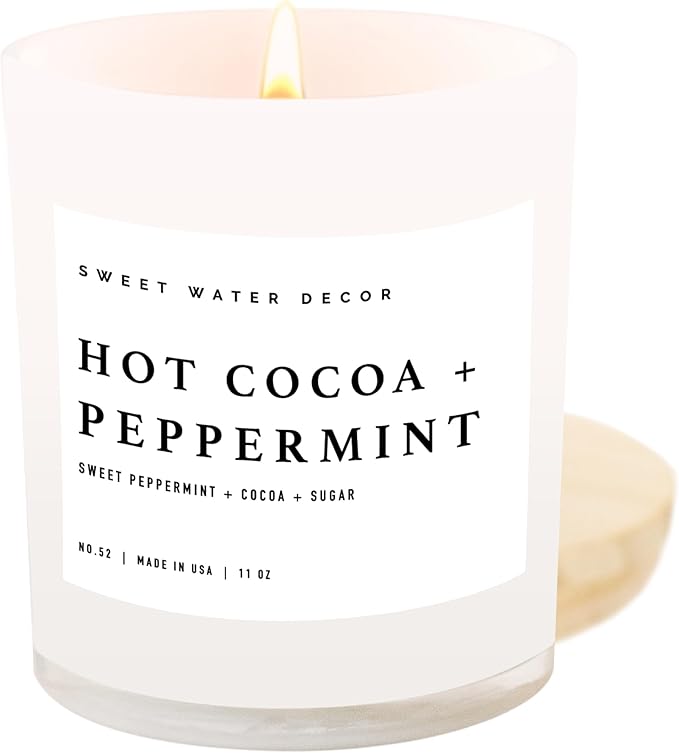 Sweet Water Decor Hot Cocoa + Peppermint Soy Candle | Chocolate, Peppermint, and Vanilla Holiday Scented Candles for Home | 11oz White Jar + Wood Lid, 50+ Hour Burn Time, Made in The USA