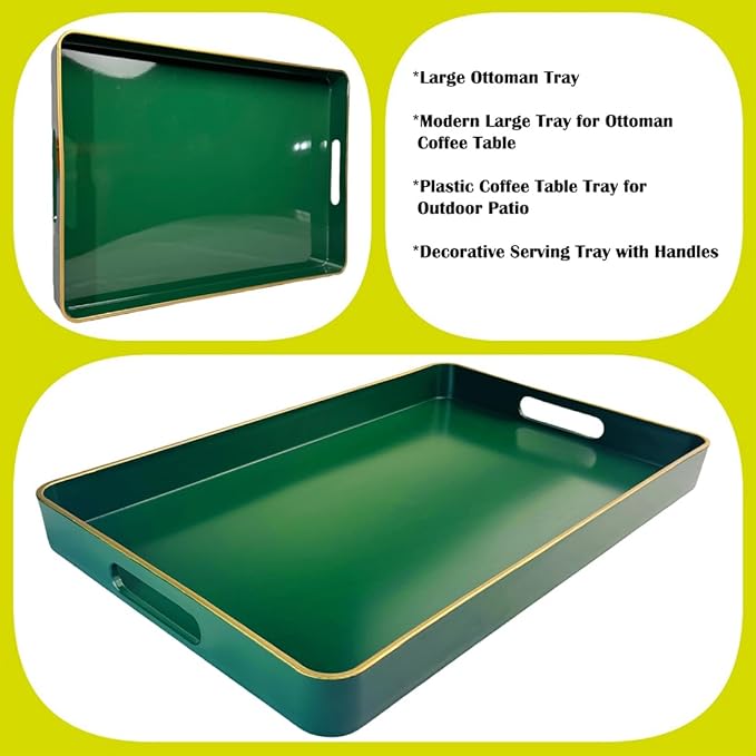 Large Green Tray, Elegant Plastic Coffee Table Tray for Ottoman, Home Decor, Living Room.16.7"*12"*1.6"