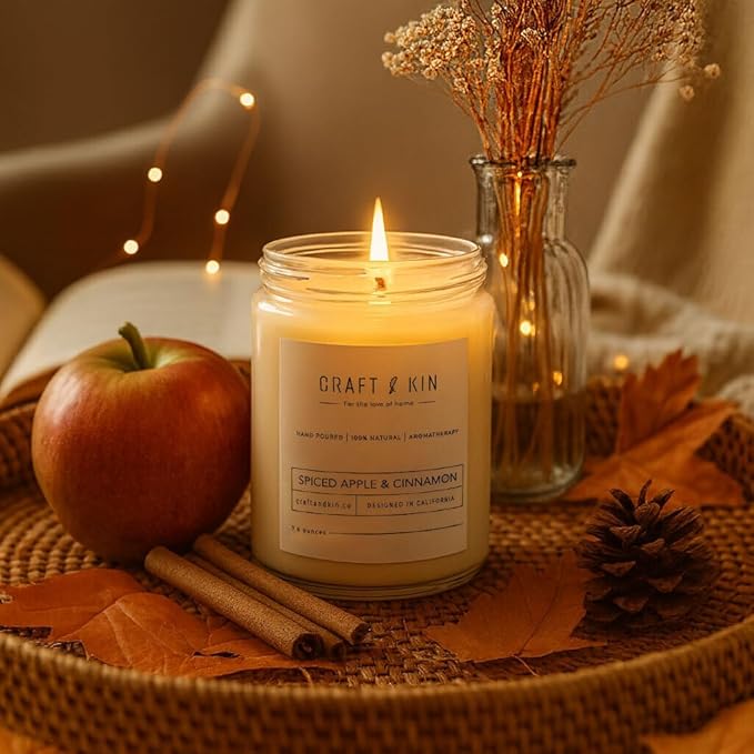 Craft & Kin Apple and Cinnamon Christmas Scented Candles | 8 Oz, 45-Hour Long Lasting | Classic Soy Winter Candle with Wood Wick | Made with Natural Soy | Holiday Candles Gifts for Men and Women