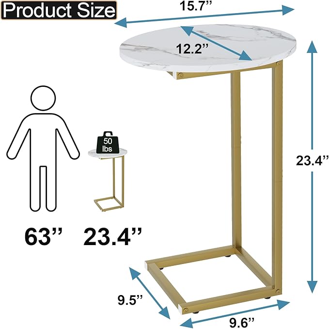 C Shaped End Table, Oval Couch Side Tables for Living Room, Sofa End Table with Metal Frame, Small Wooden Snack Table for Bedroom, Small Spaces, Easy Assembly, Gold