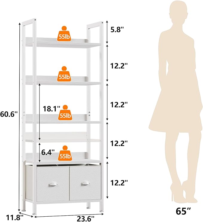 Furologee 5 Tier Bookshelf with Drawers, White Tall Bookcase with Shelves, Wood and Metal Bookshelves Storage Organizer, Modern Display Free Standing Shelf Unit for Bedroom, Living Room, Office