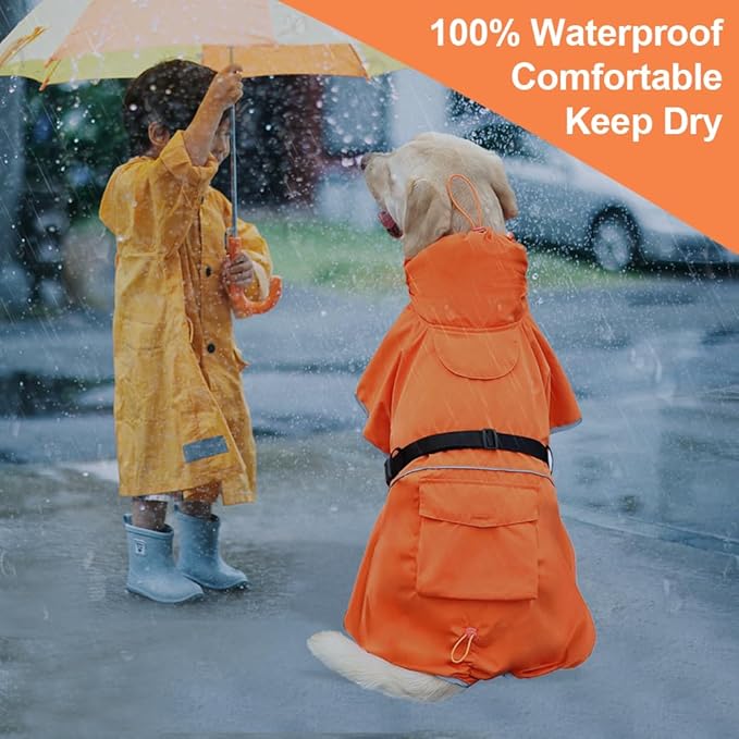 Waterproof Dog Raincoat Adjustable Dog Hooded Slicker Poncho Raincoat for Medium Large Dogs, Reflective Dog Rain Jacket(Orange, 5XL)