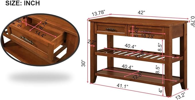 KEIKI 42”L Pine Solid Wood Entryway Console Table with 2 Storage Drawers, Mid-Century Retro Behind Couch Sofa Table with 2 Tiers Open Shelf for Hallway, Entrance, Entry Way, Living Room, Foyer