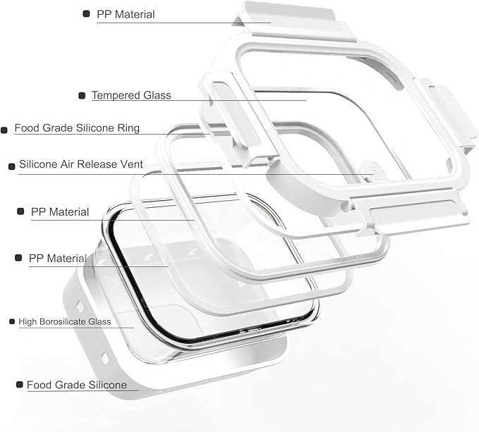 GENICOOK Glass Food Storage Meal Prep Containers - Food Grade Silicone Wrap & Air Release Vent, Rectangular shape - 8 Pc Set (4 Containers - 4 Matching Lids)