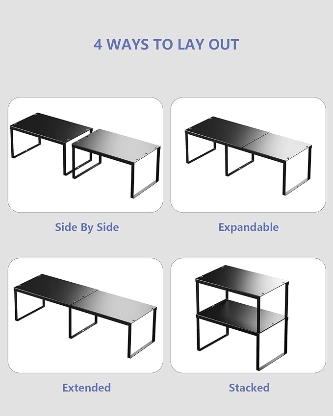 Cabinet Organizer Shelf, Set of 2 Cabinet Shelves, Stackable Metal Kitchen Counter Organizer, Adjustable Countertop Cupboard Pantry Shelf Riser Storage Rack, Black