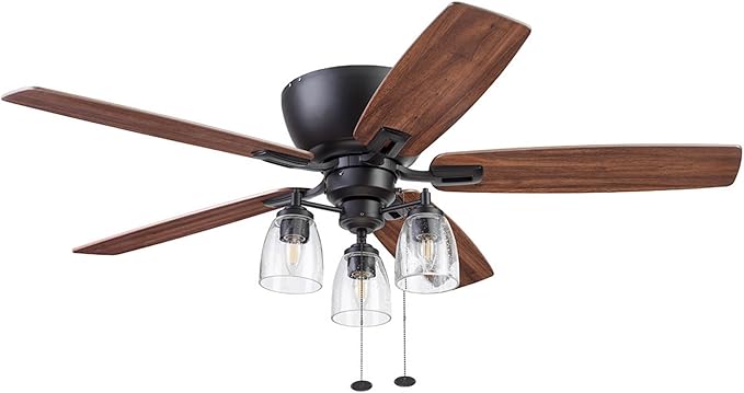 Prominence Home Arthur, 52 inch Industrial Farmhouse Flush Mount LED Ceiling Fan with Light, Pull Chain, Three Mounting Options, Dual Finish Blades, Reversible Motor - 51486-01 (Espresso)