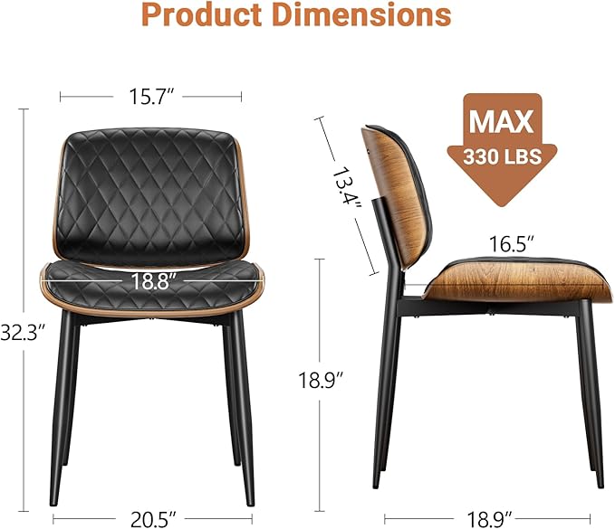 Dining Chairs Set of 6, FSC Certified Mid Century Modern Accent Dining Room and Kitchen Chairs, Upholstered PU Leather Diamond Check Chairs with Walnut Bentwood and Metal Legs, Black