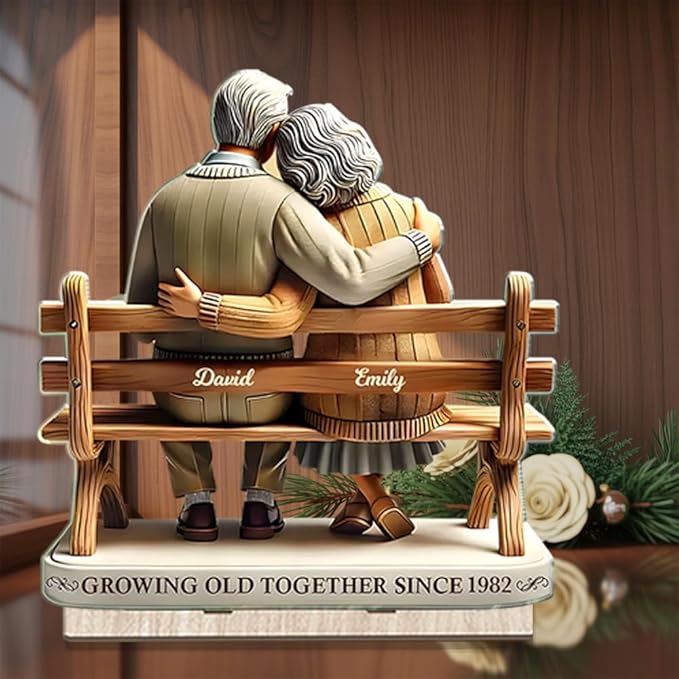Custom Growing Old Together Christmas Decor, Personalized Couple on Bench Wooden Plaque, Heartfelt Gift for Parents or Grandparents, Romantic Holiday Keepsake for Him and Her