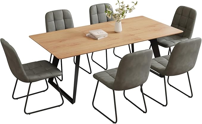 ZckyCine 7-Piece Dining Set, 63"-79" Expandable Mid-Century Modern Table with 6 Chairs, Leather Seat & Backrest, Metal Frame, Oak/Grey for Dining Room/Home