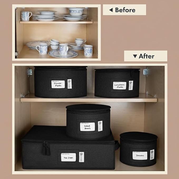 Hard Shell China Storage Containers 5-Piece Set Moving Boxes for Dinnerware, Glasses, Plates, Mugs and Saucers Sturdy Dish Organizer with Dividers for Seasonal Storage - Service for 12 - Black Quilted