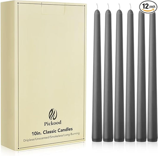 New Burning Formula Unscented Dripless 10-Inch Taper Candles Set of 12 - Smoked Pearl, for Wedding, Dinner - Smokeless, Long Burning - Hand Poured, Colored Tall Candlesticks - Perla Ahumada