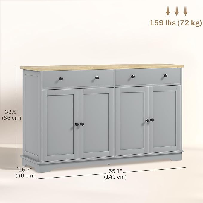 HOMCOM Sideboard Buffet Cabinet with Storage, 55" Modern Kitchen Cabinet with 4 Doors, 2 Drawers and 2 Adjustable Shelves, Coffee Bar Cabinet, Gray