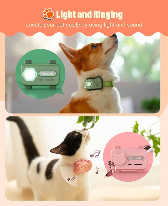 Pet Tracker Support Two-Way Call and AI Health Alerts, Play Music and Pet Community, Real Time Tracking and Virtual Fence, GlocalMe GPS Tracker for Dog and Cat, Global Unlimited Range
