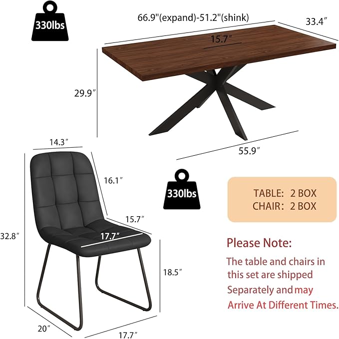 ZckyCine 7-Piece Dining Table Set with 51"-67" Extendable Walnut Wood Table and 6 PU Leather Chairs, Modern Rectangular Kitchen Table Set with Metal Legs, Seats 6, Easy Assembly