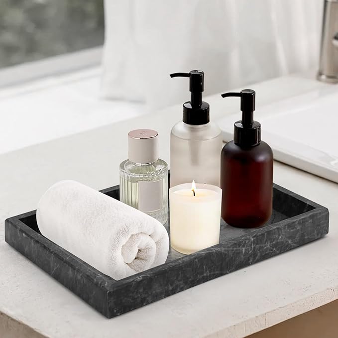 Marble Bathroom Tray,Pure Natural Vanity Tray,Marble Trays for Kitchen Counter Non-Ceramic/Non-Resin,Stone Tray 12 x 8 inch (Black) ﻿