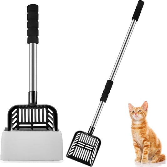 32 Inch Cat Litter Scooper Metal Long Handle with Cat Litter Scoop Holder Deep Kitty Sifter Shovel Detachable Stainless Steel Poop Sifter Scooper Caddy Kitty with Box(Black)